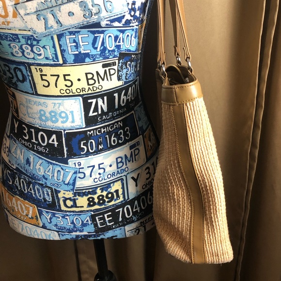 Fossil Woven Fabric Double Strap Shoulder Bag Purse with Plaid Lining - Picture 7 of 16